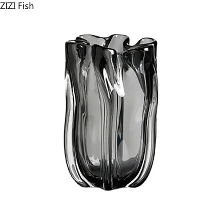Tulip ruffled translucent gray glass vase hydroponics desk decoration