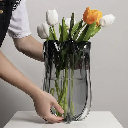 Tulip ruffled translucent gray glass vase hydroponics desk decoration