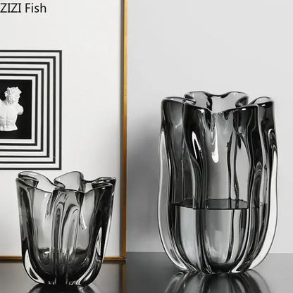 Tulip ruffled translucent gray glass vase hydroponics desk decoration