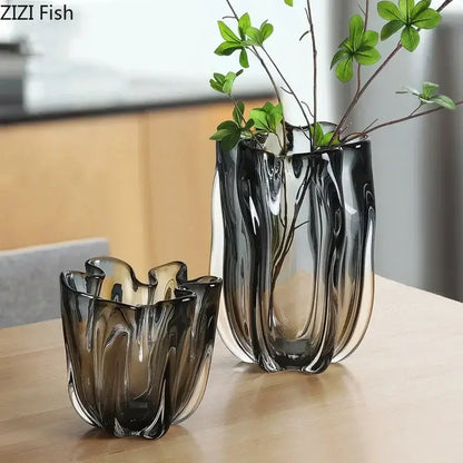 Tulip ruffled translucent gray glass vase hydroponics desk decoration