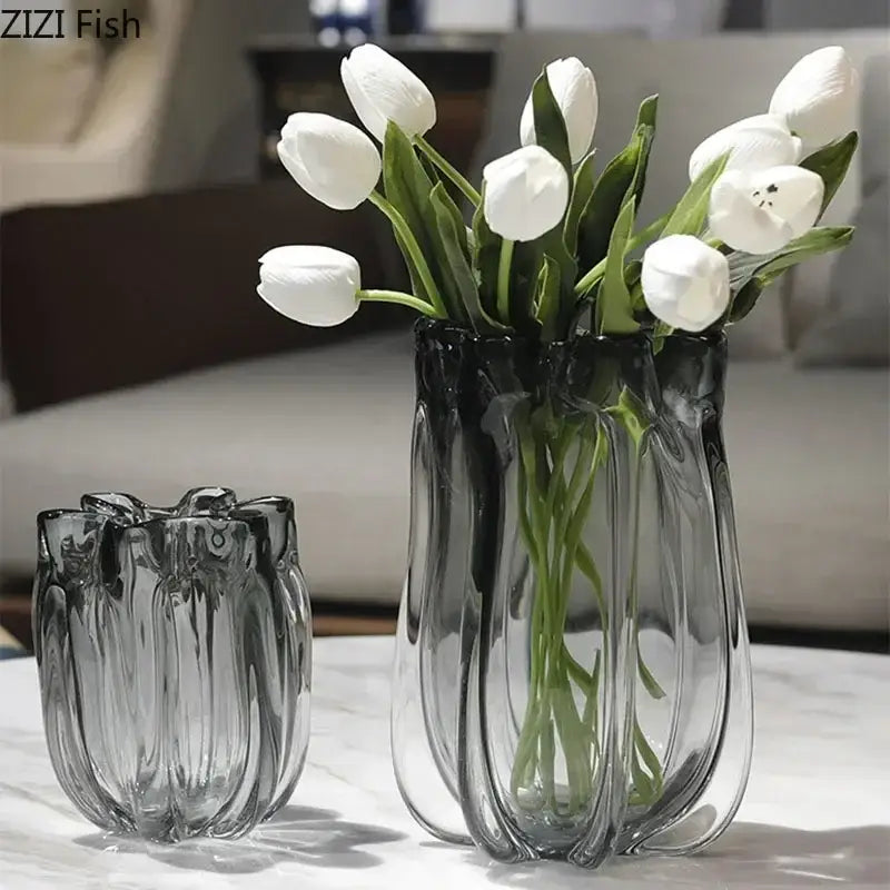 Tulip ruffled translucent gray glass vase hydroponics desk decoration