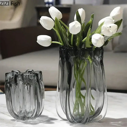 Tulip ruffled translucent gray glass vase hydroponics desk decoration