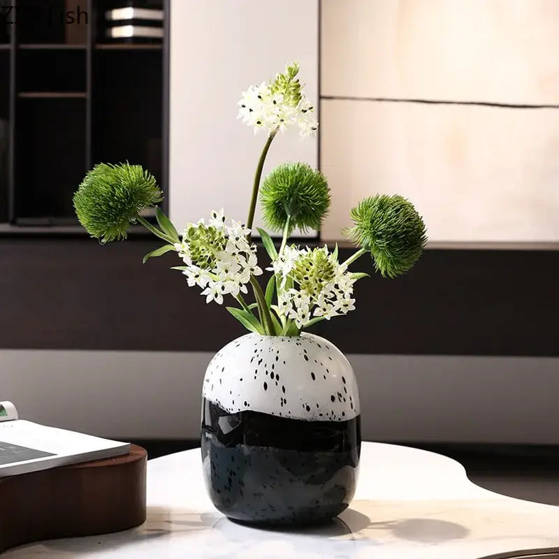 Speckled black & white ceramic hydroponics flower pot living room decor
