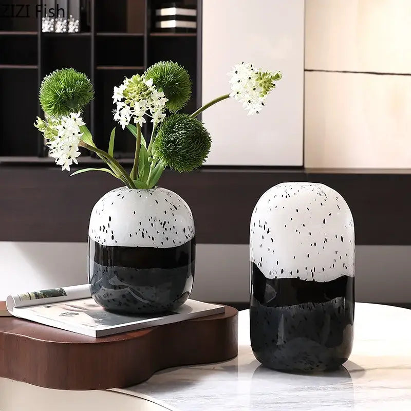 Speckled black & white ceramic hydroponics flower pot living room decor
