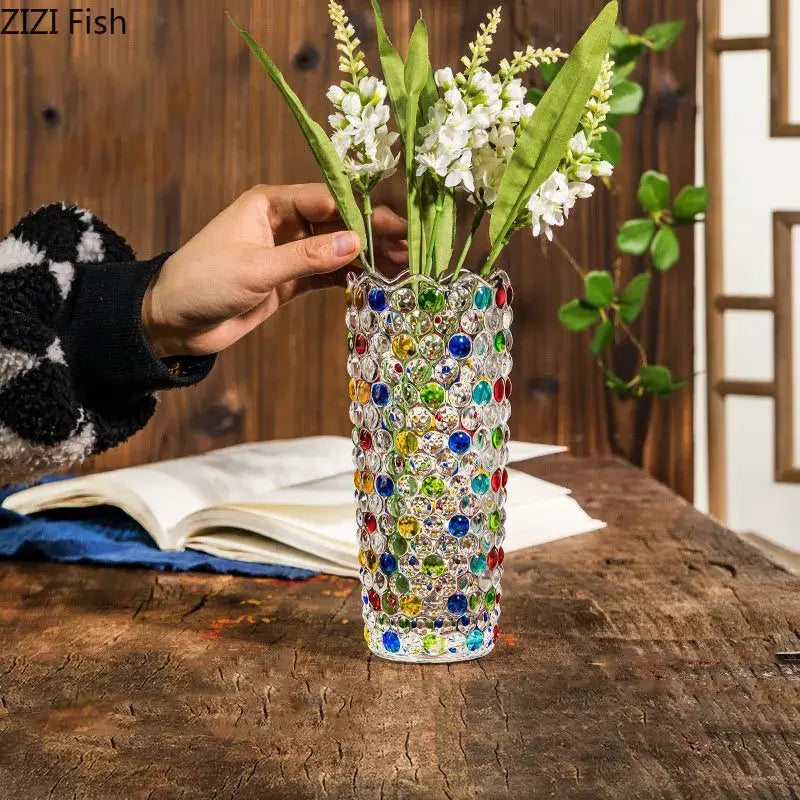 Mosaic rhinestone glass vase for living room desk decoration
