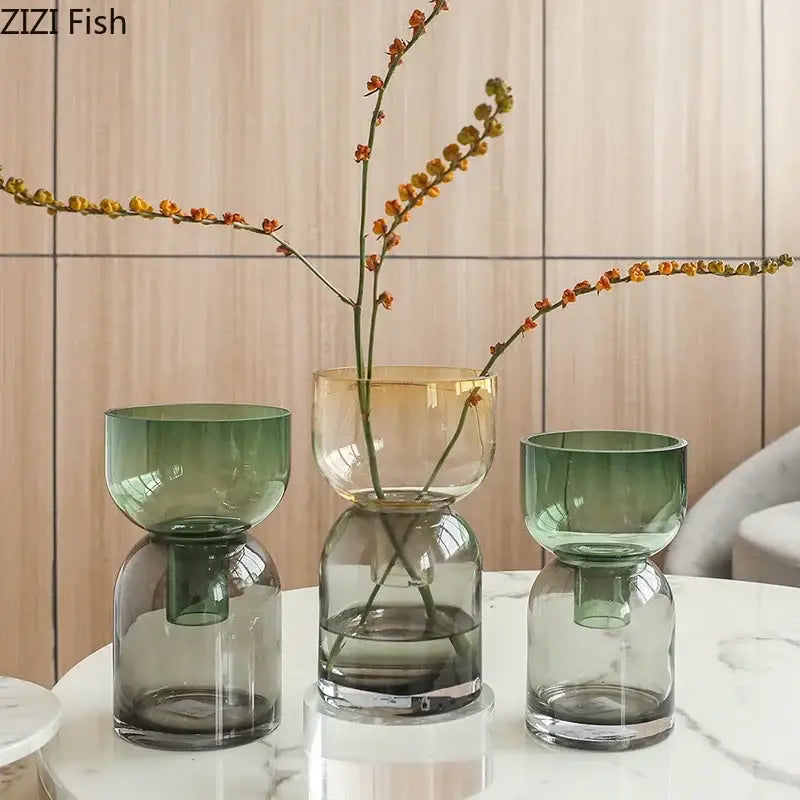 Modern stacked green & amber glass vase hydroponics for desk decor