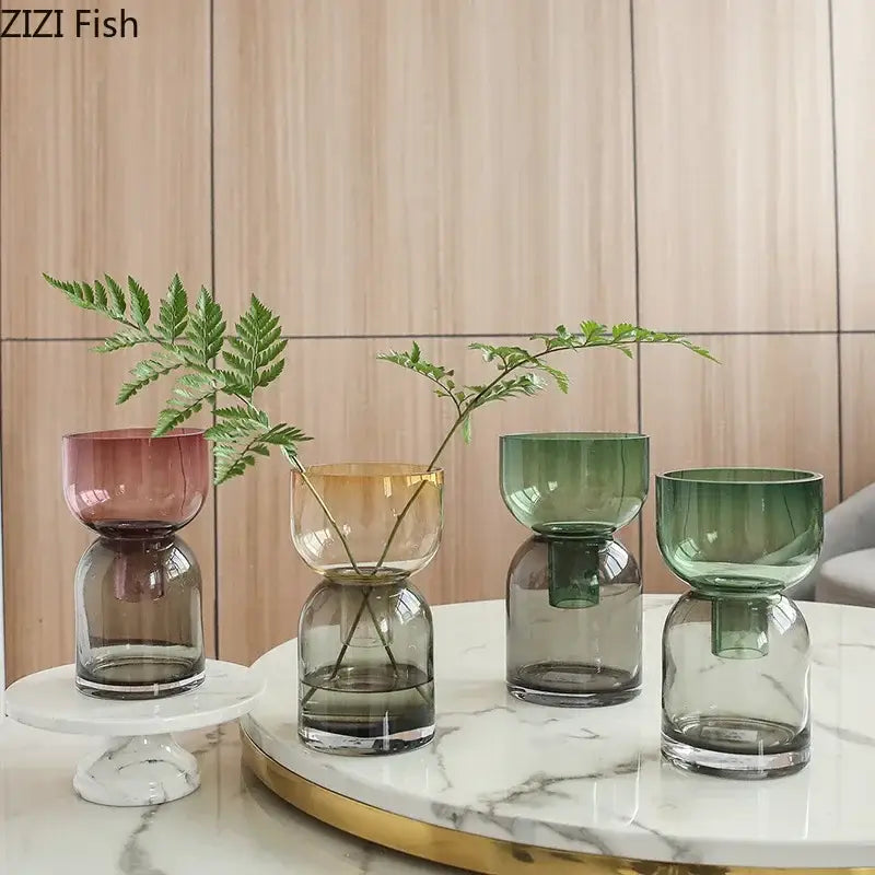 Modern stacked green & amber glass vase hydroponics for desk decor