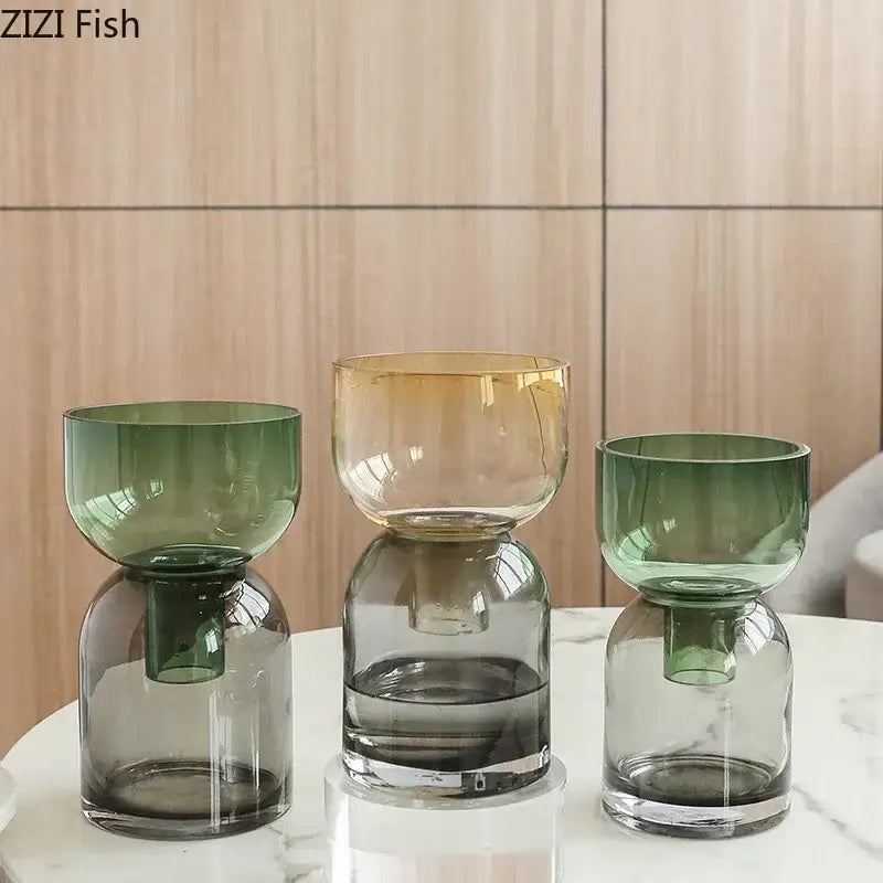 Modern stacked green & amber glass vase hydroponics for desk decor