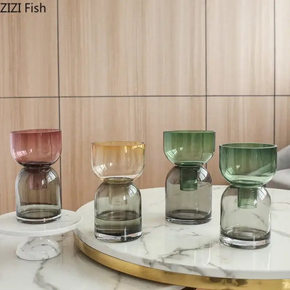 Modern stacked green & amber glass vase hydroponics for desk decor