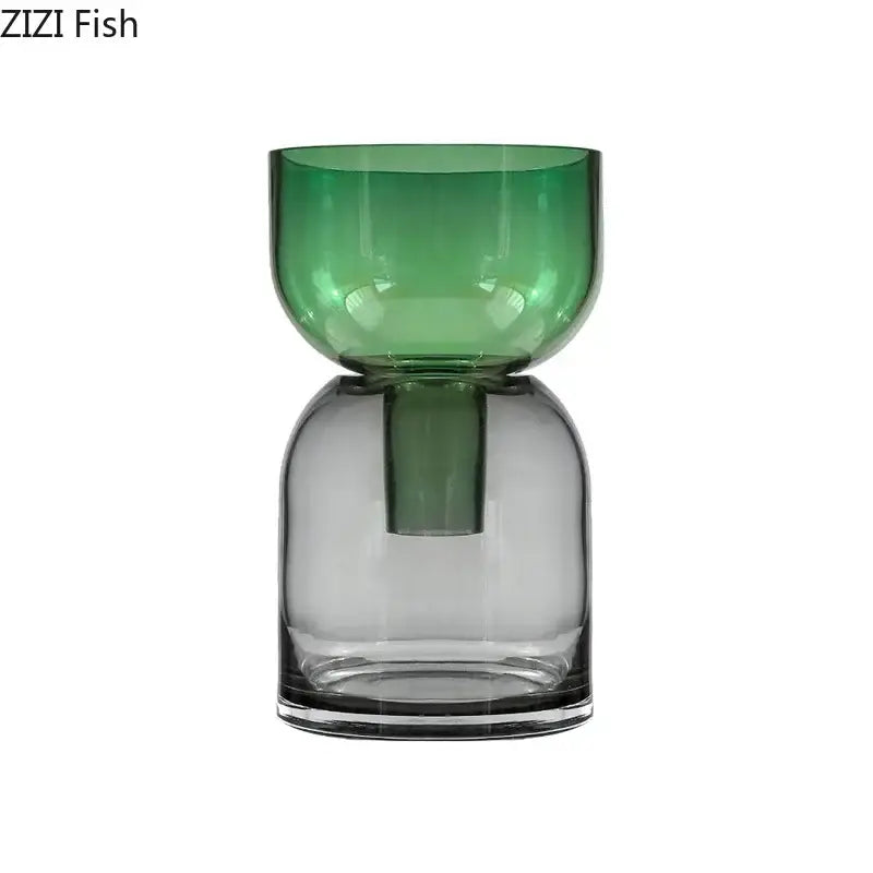 Modern stacked green & amber glass vase hydroponics for desk decor