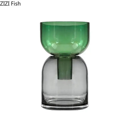 Modern stacked green & amber glass vase hydroponics for desk decor