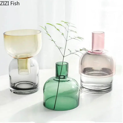 Modern stacked green & amber glass vase hydroponics for desk decor