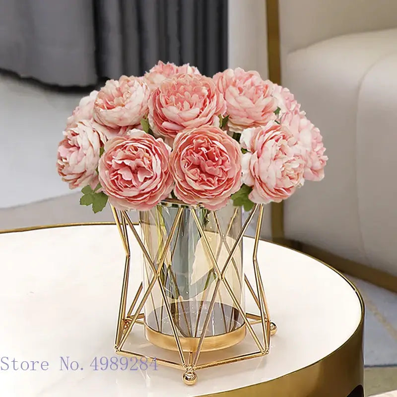 Geometric gold metal frame glass vase pink peony wedding decor living room