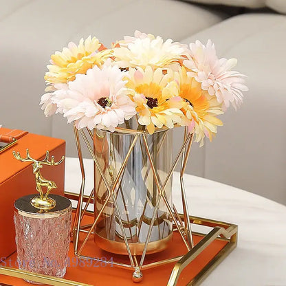 Geometric gold metal frame glass vase pink peony wedding decor living room