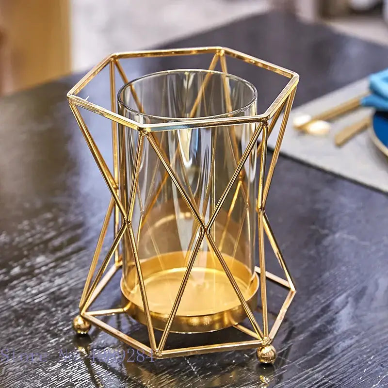 Geometric gold metal frame glass vase pink peony wedding decor living room