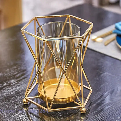 Geometric gold metal frame glass vase pink peony wedding decor living room