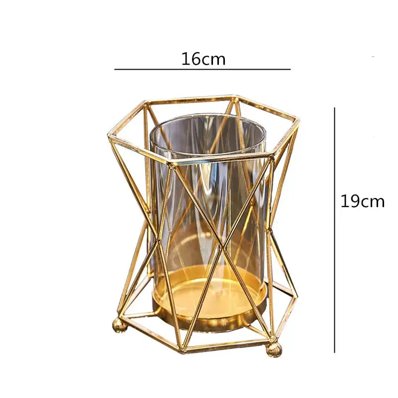 Geometric gold metal frame glass vase pink peony wedding decor living room