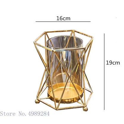 Geometric gold metal frame glass vase pink peony wedding decor living room