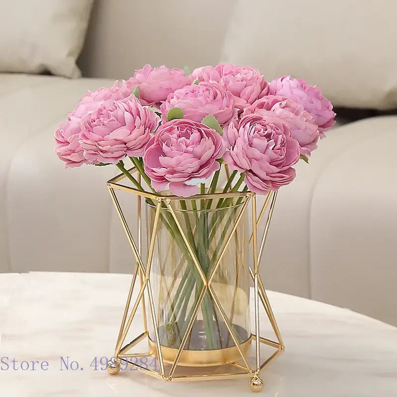 Geometric gold metal frame glass vase pink peony wedding decor living room