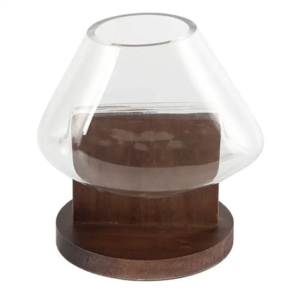 Minimalist clear glass vase with red berries and wood base living room