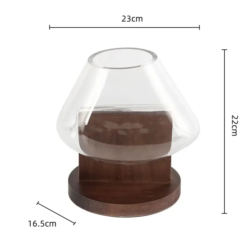 Minimalist clear glass vase with red berries and wood base living room
