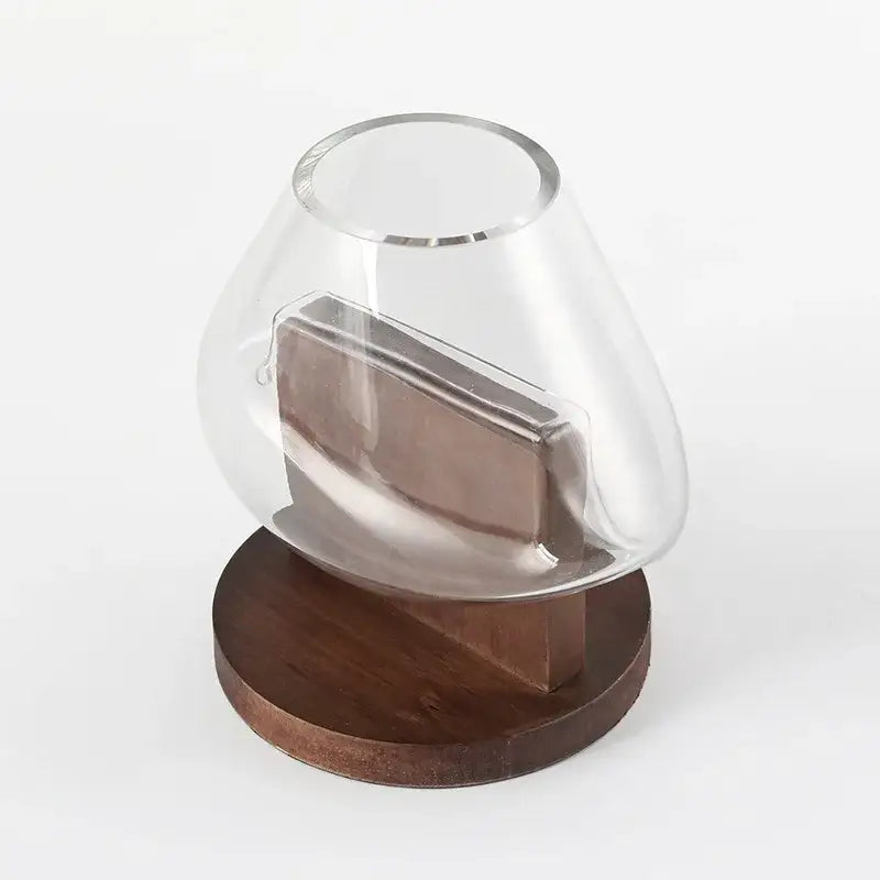Minimalist clear glass vase with red berries and wood base living room