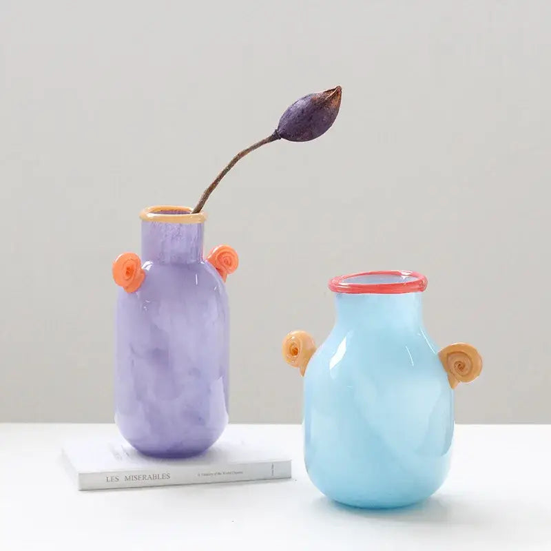 Whimsical colorful glass vase with spiral handle living room decor