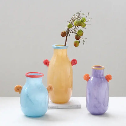 Whimsical colorful glass vase with spiral handle living room decor