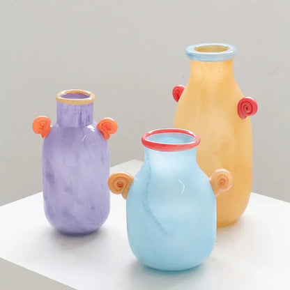 Whimsical colorful glass vase with spiral handle living room decor