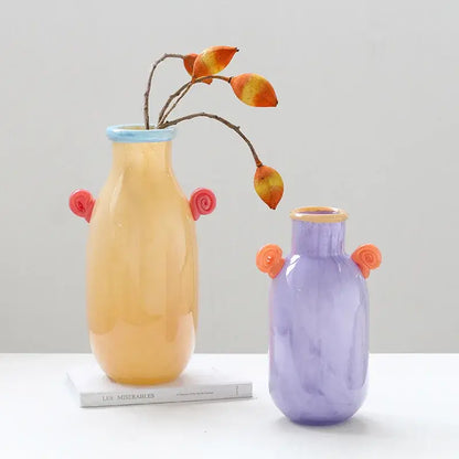 Whimsical colorful glass vase with spiral handle living room decor