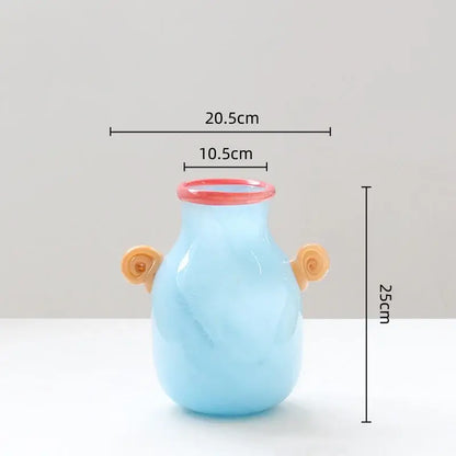 Whimsical colorful glass vase with spiral handle living room decor