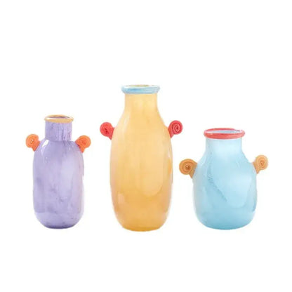 Whimsical colorful glass vase with spiral handle living room decor