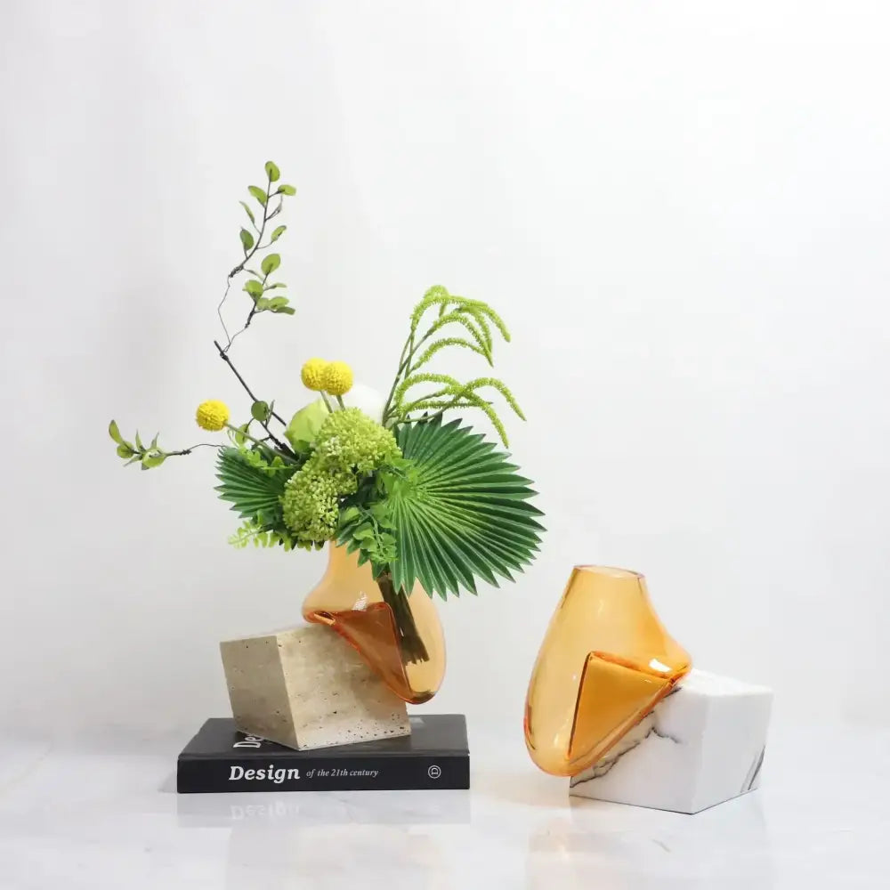 Modern amber glass vase with marble base living room decor
