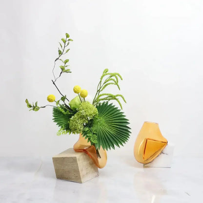 Modern amber glass vase with marble base living room decor