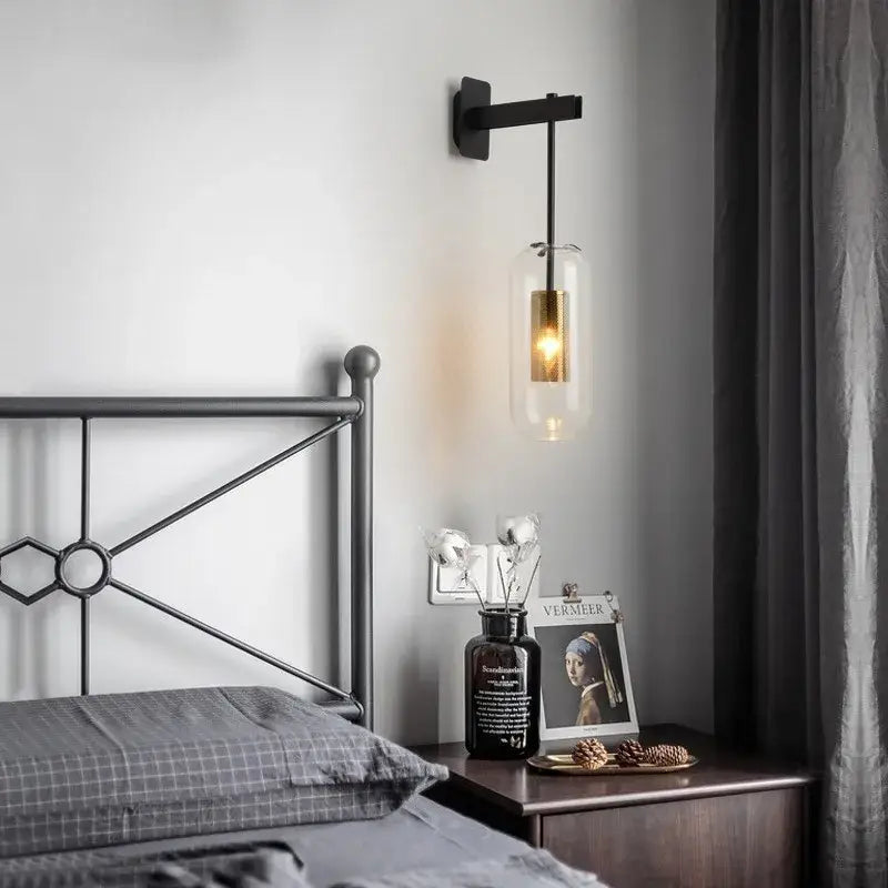 Modern brass & black glass wall art light for living room