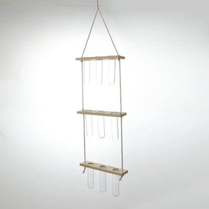 Wooden hanging plant rack with glass test tubes living room decor
