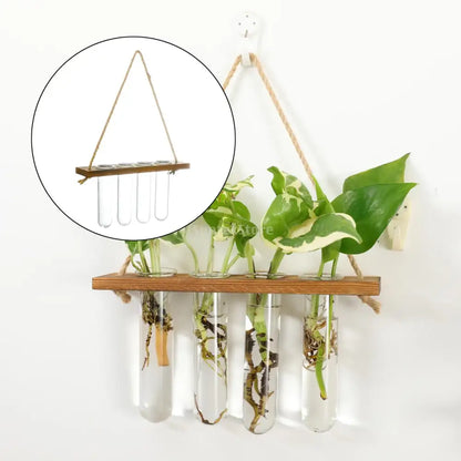Wooden hanging plant rack with glass test tubes living room decor