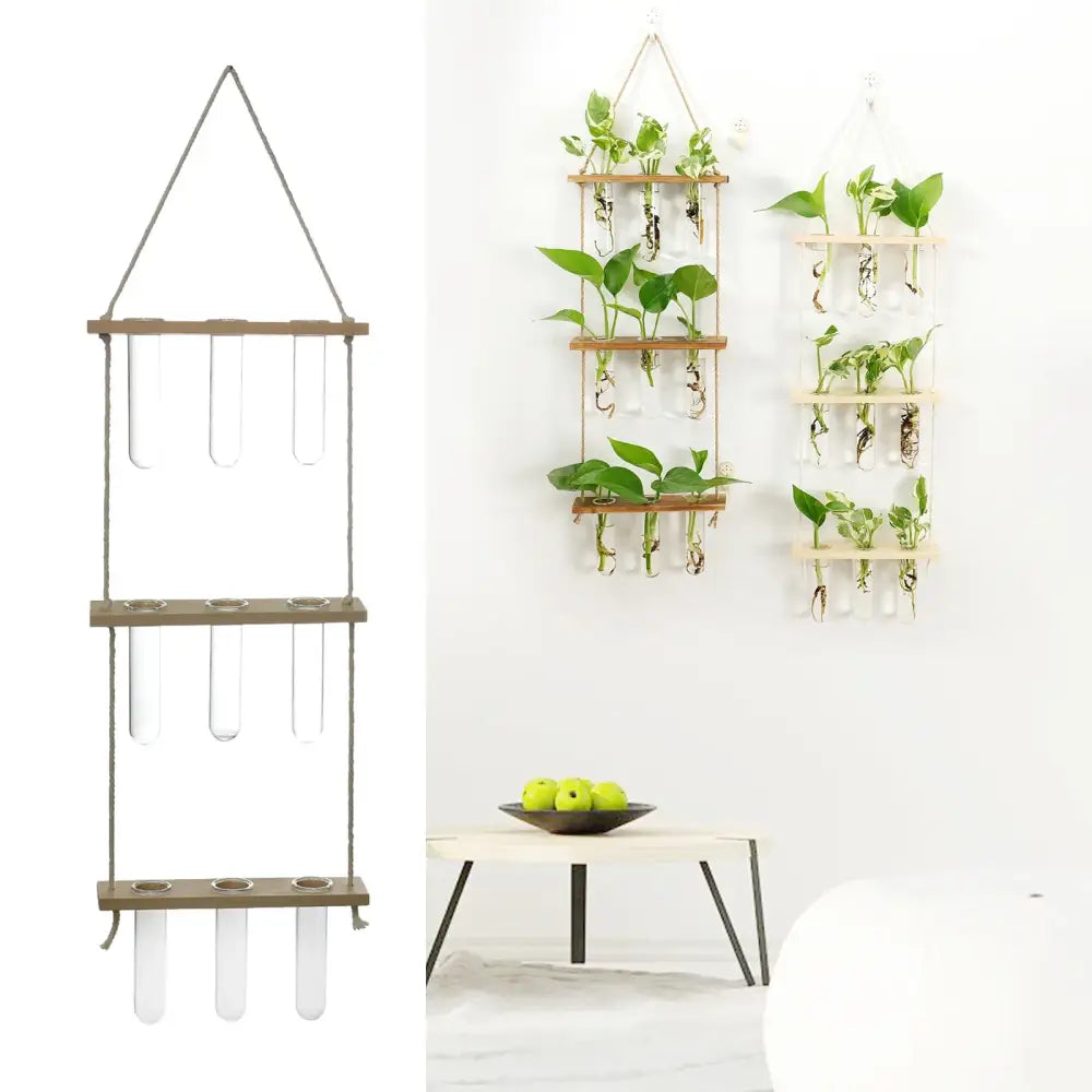 Wooden hanging plant rack with glass test tubes living room decor