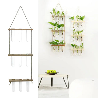 Wooden hanging plant rack with glass test tubes living room decor