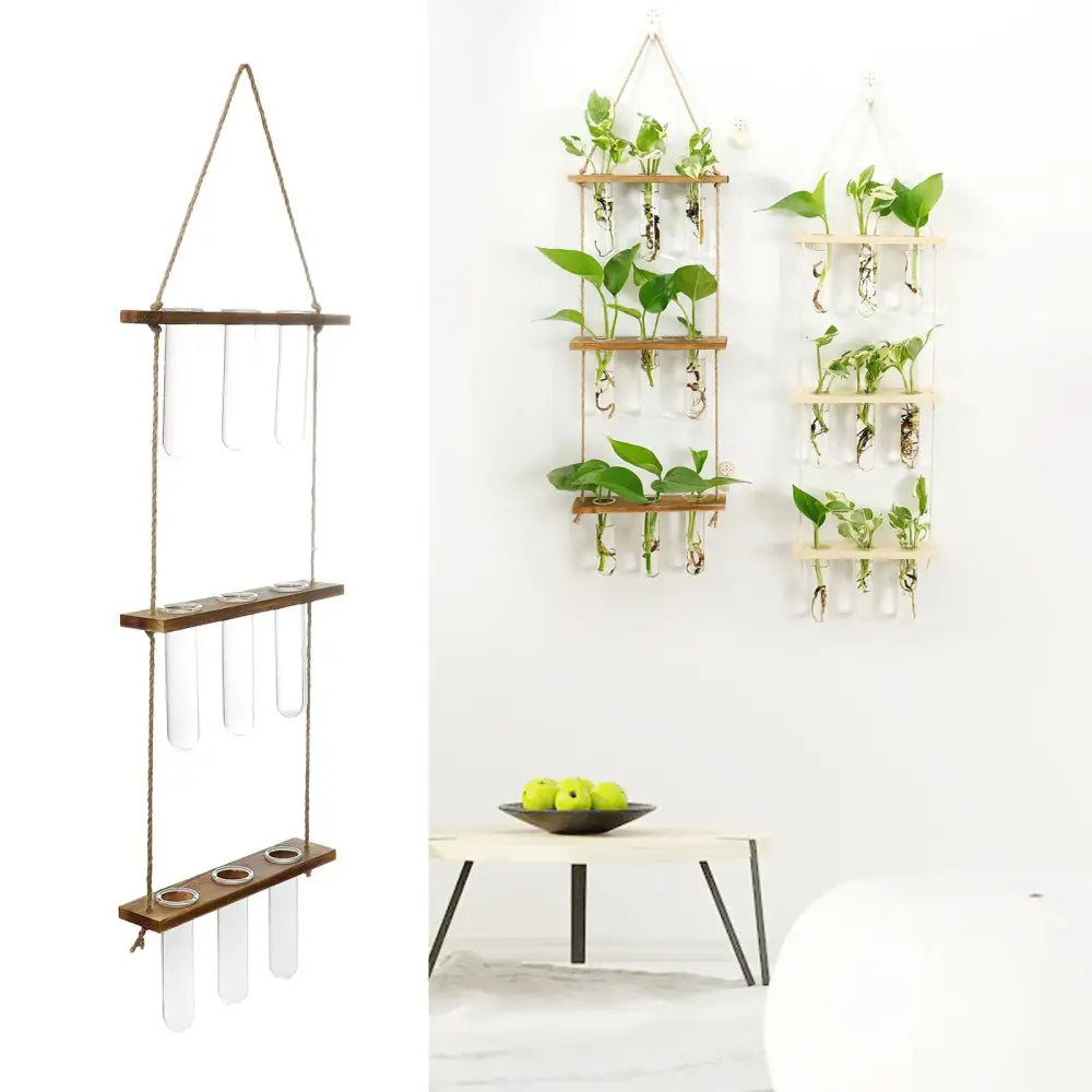 Wooden hanging plant rack with glass test tubes living room decor