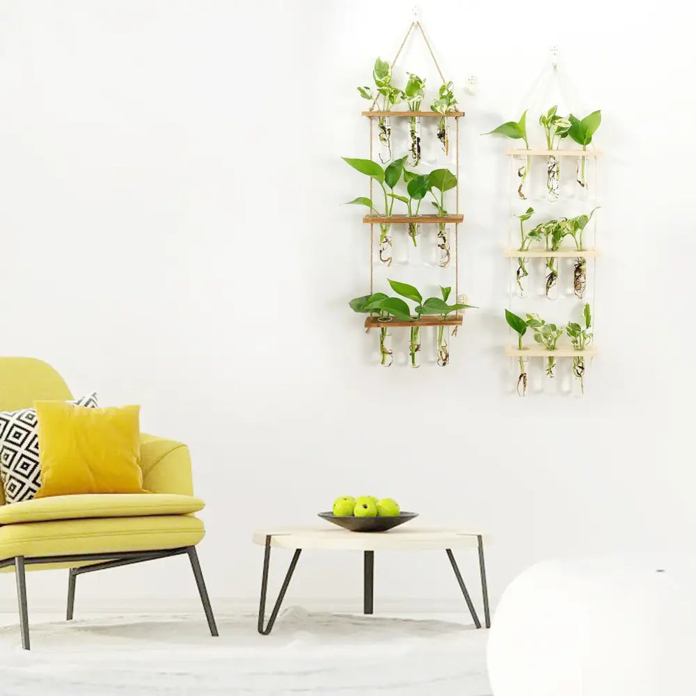 Wooden hanging plant rack with glass test tubes living room decor