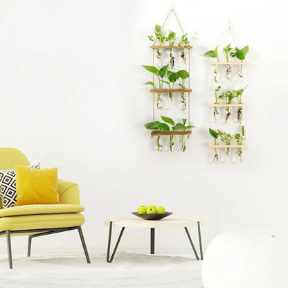Wooden hanging plant rack with glass test tubes living room decor