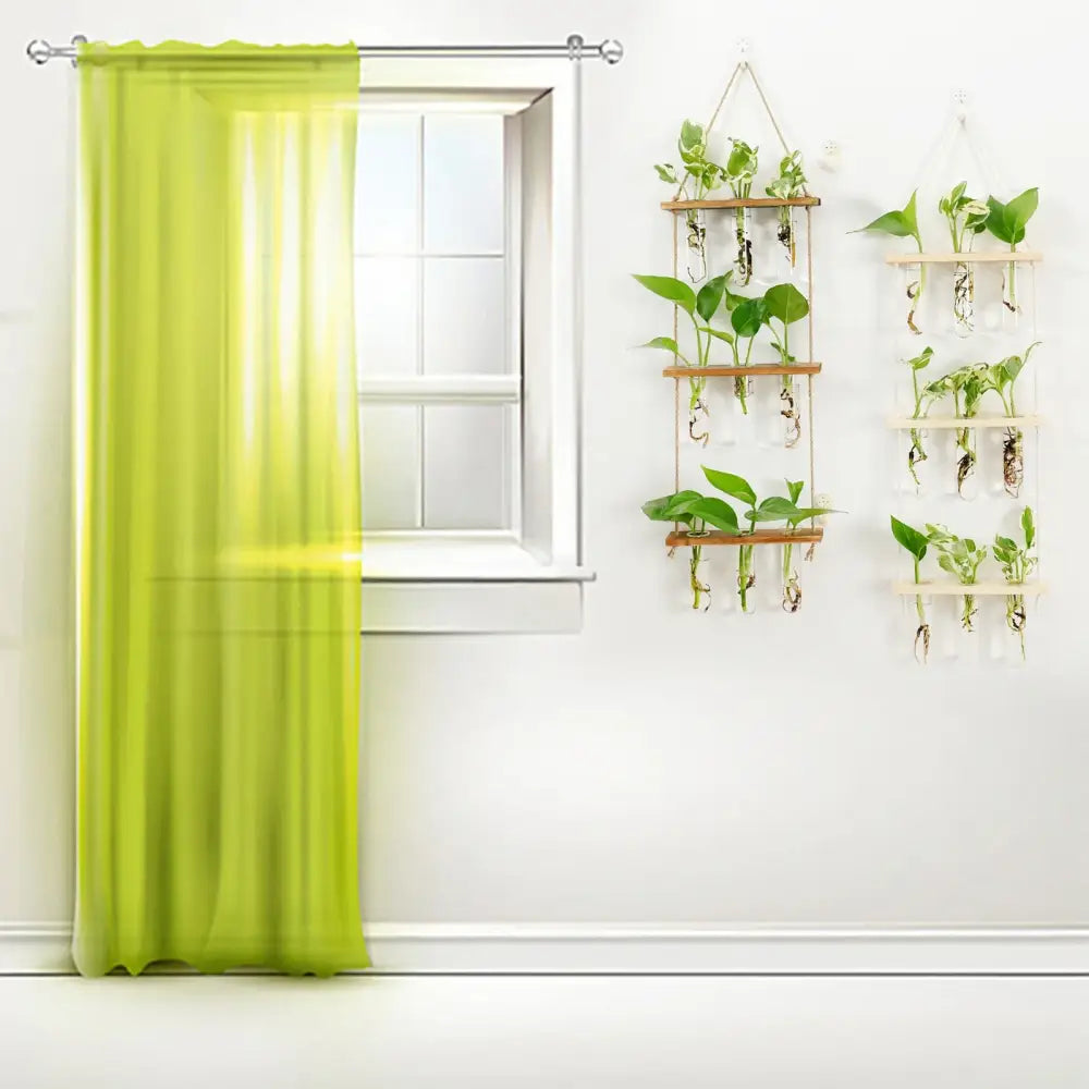 Wooden hanging plant rack with glass test tubes living room decor
