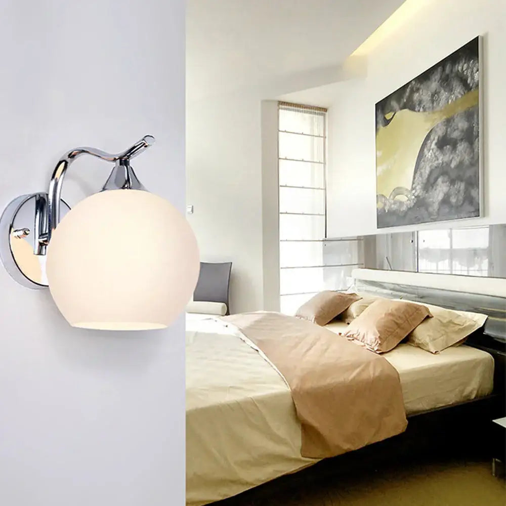 Modern chrome glass wall lamp for bedroom with frosted white shade