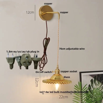 Vintage stained glass wall lamp bedroom brass light with pull chain