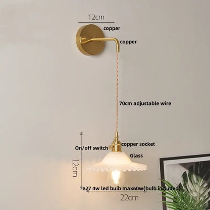 Vintage stained glass wall lamp bedroom brass light with pull chain