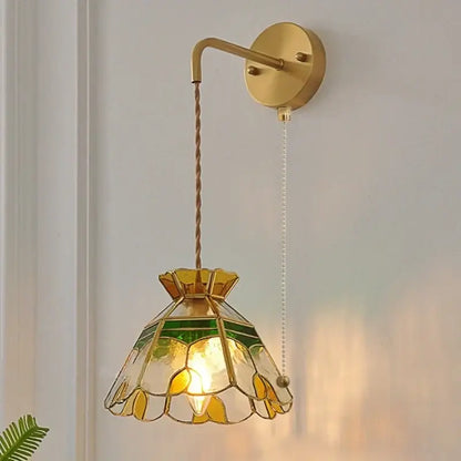 Vintage stained glass wall lamp bedroom brass light with pull chain