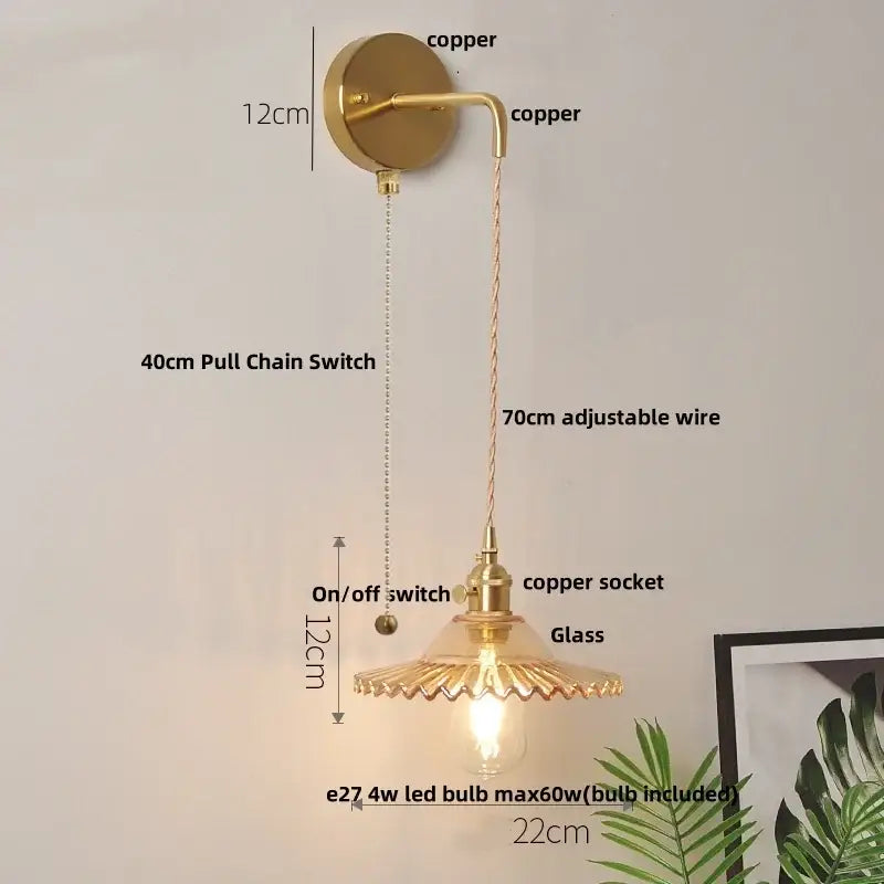Vintage stained glass wall lamp bedroom brass light with pull chain