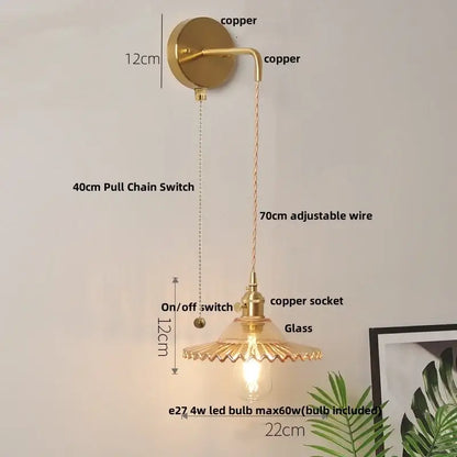 Vintage stained glass wall lamp bedroom brass light with pull chain