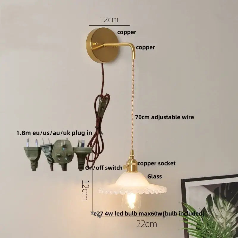 Vintage stained glass wall lamp bedroom brass light with pull chain